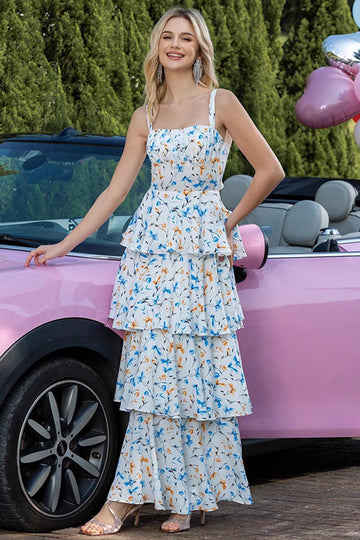 Robe de soirée à plusieurs niveaux à fleurs bleues